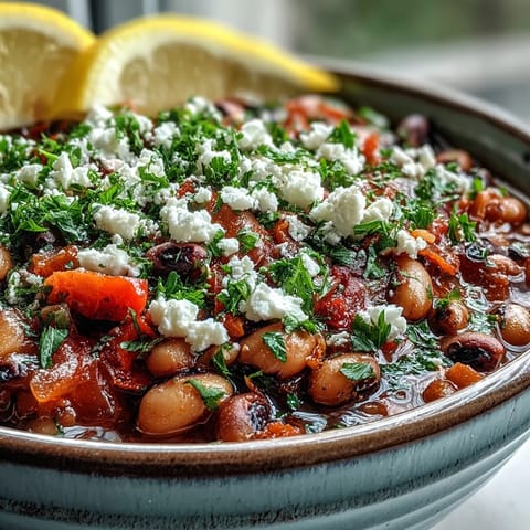 Festive Greek-Style Slow Cooker Black-Eyed Peas simmered with aromatic herbs and fresh lemon wedges for serving.