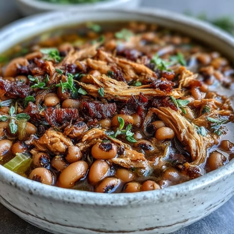 Close-up of tender black-eyed peas simmering with shredded smoked turkey in a rich, savory broth, garnished with fresh parsley and a drizzle of hot sauce for a Southern kick.