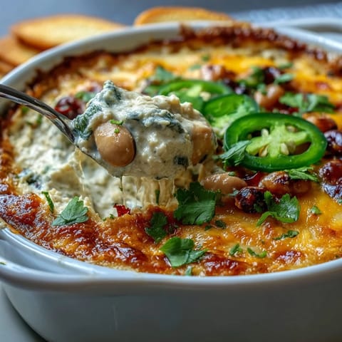 A bowl of baked Hot Black-Eyed Pea Dip with Jalapeño and Cumin, topped with fresh cilantro and served with crispy tortilla chips.