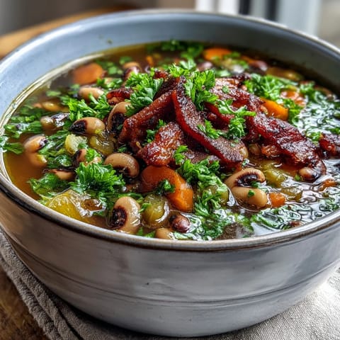 A close-up of Black-Eyed Peas and Bacon Soup in a rustic bowl, showcasing tender peas and smoky bacon bits in a rich broth.