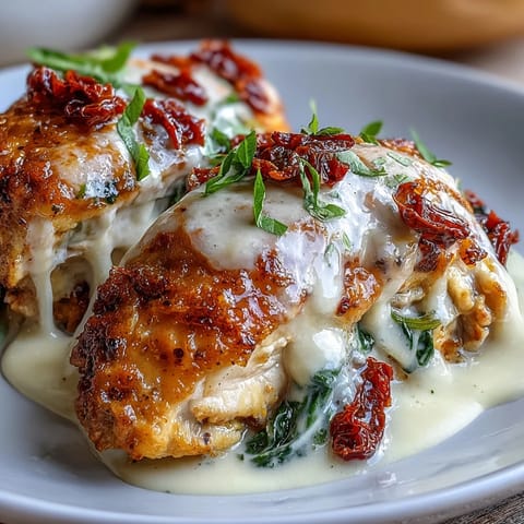 Creamy Tuscan Chicken Skillet with golden seared chicken in a rich garlic cream sauce and sun-dried tomatoes.