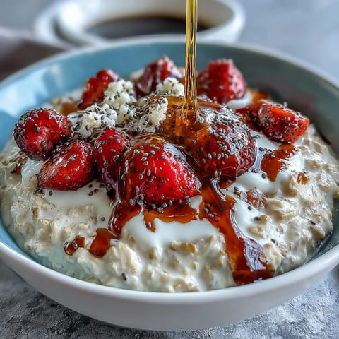 Overnight oats with strawberry and chia, layered with fresh berries and crunchy nuts for a wholesome, satisfying start.