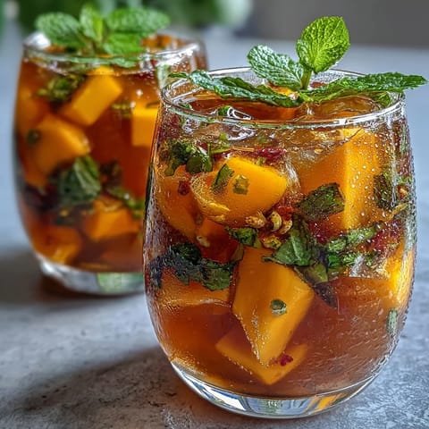 A tall glass of vibrant mango peach iced tea with fresh mint leaves, served over ice with fruit slices on the rim.