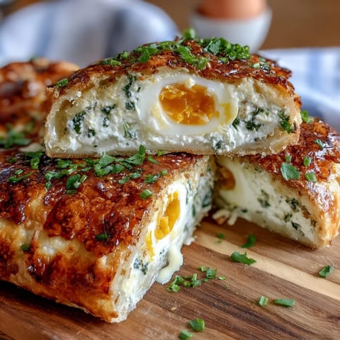 Easter Savory Pie with Hard-Boiled Eggs and Ham: golden, flaky pastry filled with creamy ricotta, spinach, and ham, with whole eggs baked inside for a stunning slice.