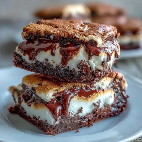 Gooey smores brownie mix cookies with toasted marshmallow tops and chocolate chips, served on a rustic baking tray.