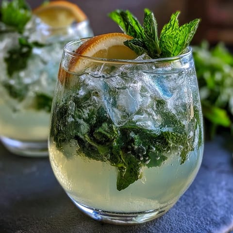 A tall glass of iced lavender lemonade with fresh mint, garnished with lemon slices and mint sprigs, perfect for spring refreshment.