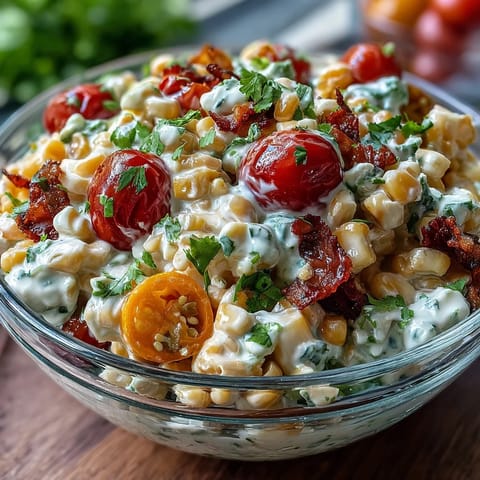 A vibrant bowl of Creamy Corn Salad with Jalapeño, featuring juicy tomatoes, fresh cilantro, and a smoky, creamy dressing.