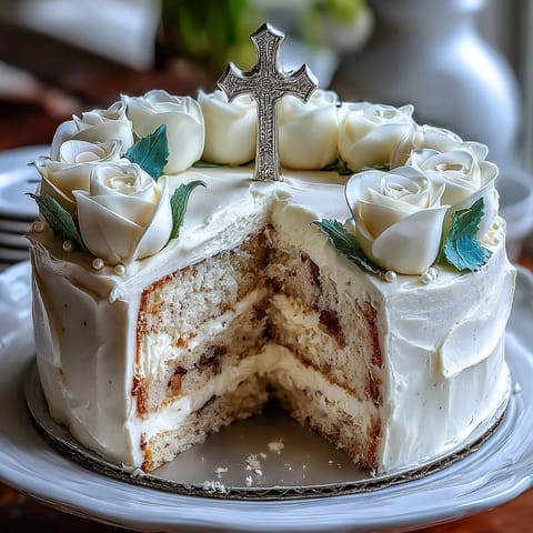 First Communion Cake with White Roses and Cross Topper on elegant cake stand, soft vanilla sponge layers and silky buttercream frosting adorned with delicate fondant roses and edible pearls.