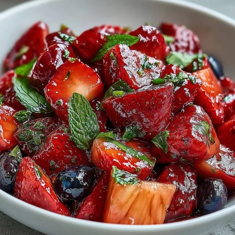 A vibrant strawberry lemonade fruit salad with juicy strawberries and fresh citrus dressing, perfect for summer picnics.