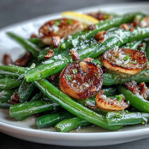 Roasted garlic green beans with caramelized garlic and lemon zest, served as a vibrant Easter side dish.