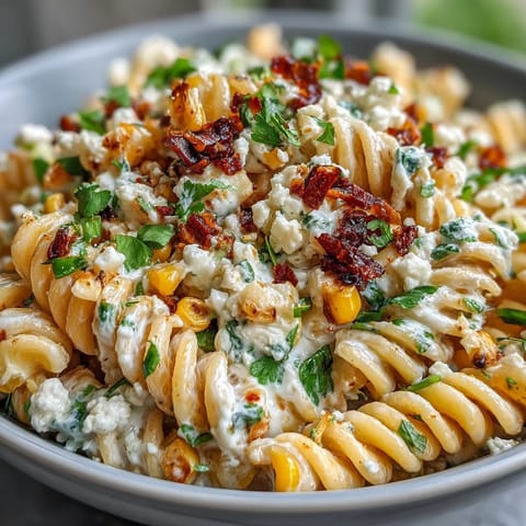 Creamy elote corn pasta salad with Cotija cheese, sweet charred corn, and zesty lime dressing in a vibrant bowl.
