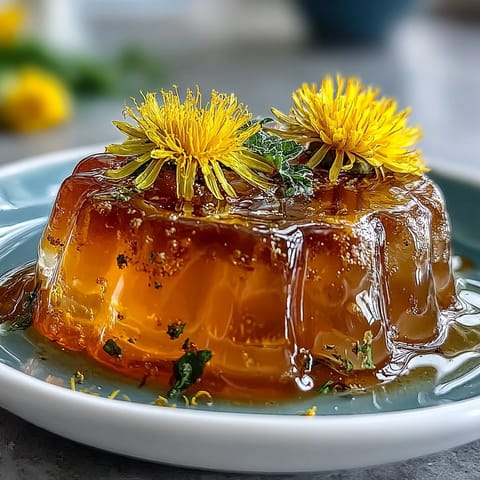 Vibrant dandelion jelly with lemon and honey, glowing golden in a clear jar, perfect for spreading on warm toast.