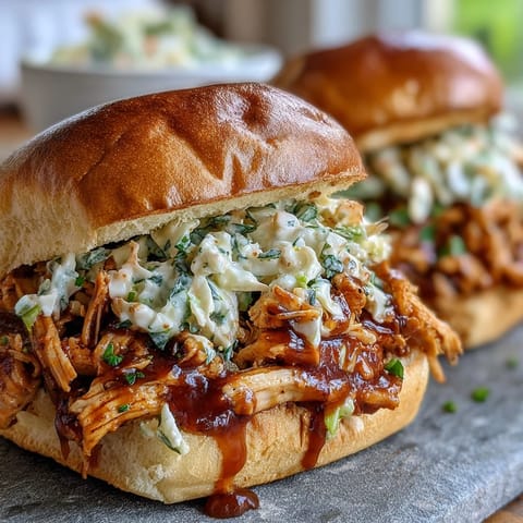 Juicy pulled BBQ chicken sandwiches with tangy coleslaw piled high on toasted brioche buns.