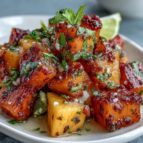 Vibrant mango and pineapple cubes dusted with chili-lime seasoning, served in clear cups with lime wedges.