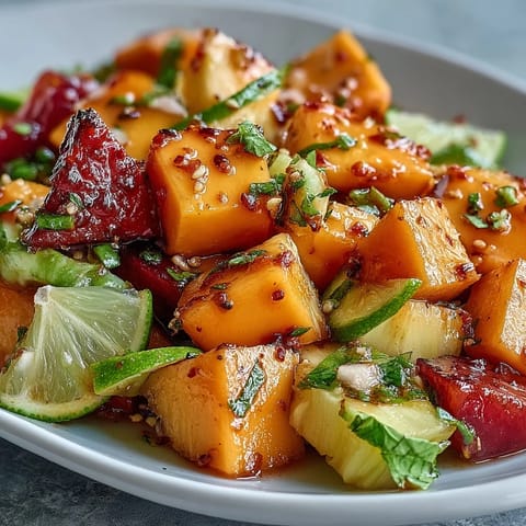 Fresh tropical fruit cups with juicy mango, pineapple, and watermelon, finished with zesty lime and Tajín spice.