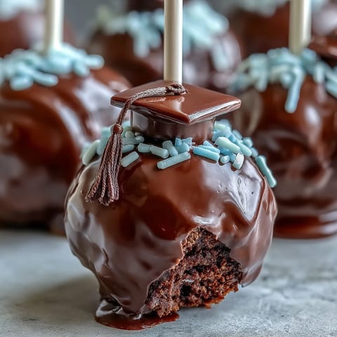 Graduation cake pops in school colors, decorated with edible glitter and chocolate tassels, ready for celebration.  