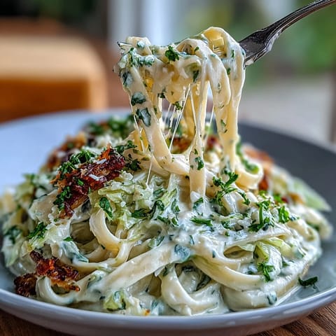 Creamy Cabbage Alfredo pasta, generously coated in a velvety, rich sauce.
