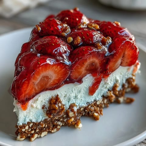 Memorial Day Strawberry Pretzel Salad dessert with vibrant red strawberries and creamy topping.
