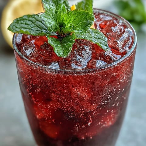 Sparkling Hibiscus Mint Lemonade Mocktail, garnished with lemon, ice-cold refreshment.