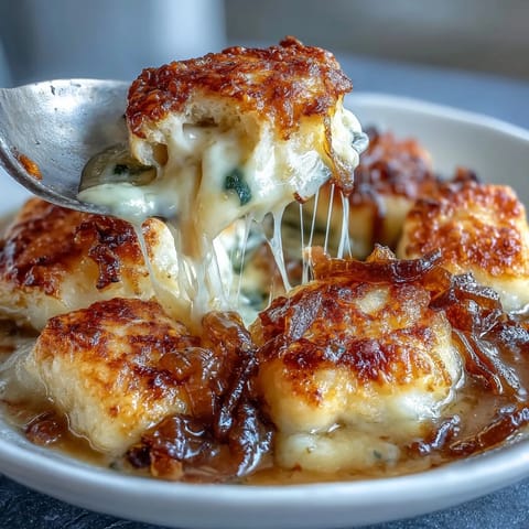 Cozy Gnocchi French Onion Soup with beautifully melted Gruyère cheese topping.