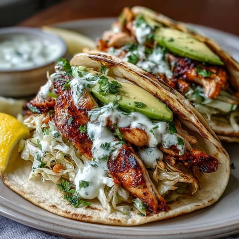Tender chicken cabbage tacos with bright, crunchy slaw and creamy lemon drizzle.