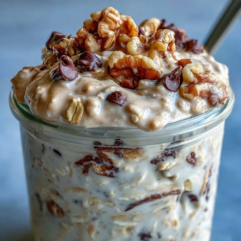 Protein cookie dough overnight oats photographed in a jar with chocolate chips.