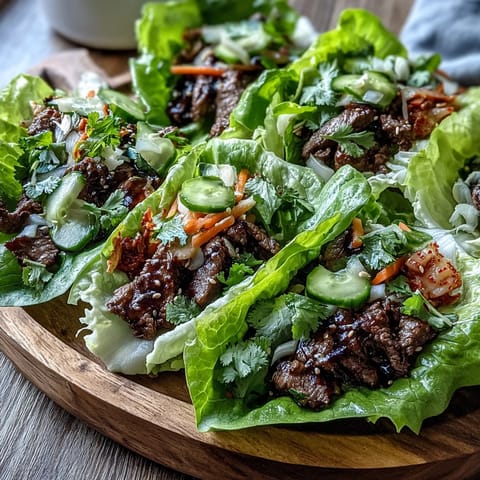 Juicy Korean BBQ beef nestled in crisp lettuce with spicy kimchi topping.