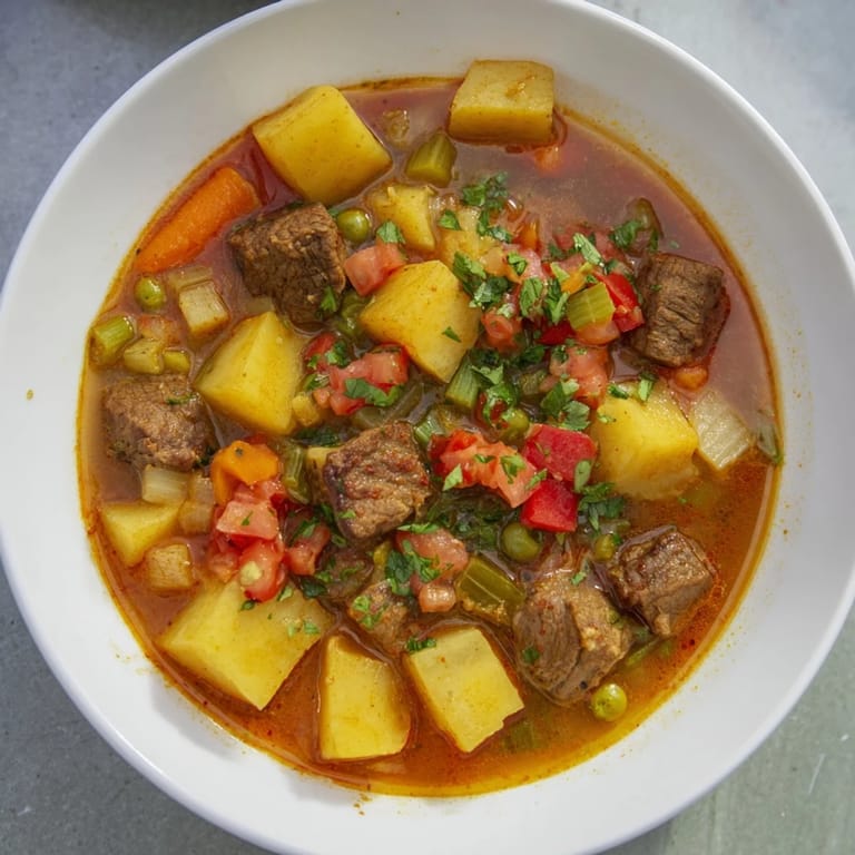 A close-up view of deliciously warm One-Pot Hearty Beef and Barley Soup with visible vegetables.