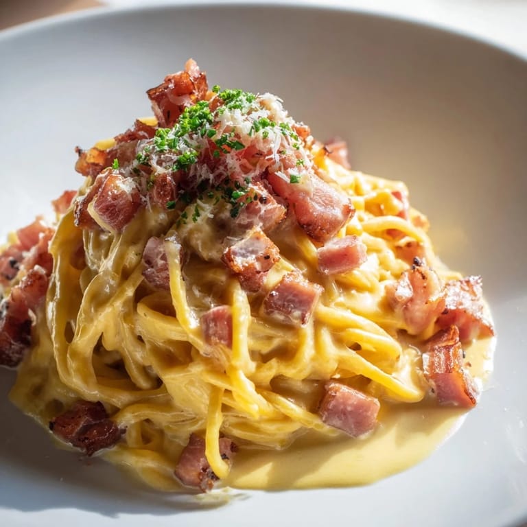 A close-up of the delicious 15-Minute Creamy Carbonara, boasting crispy pancetta and parmesan cheese.