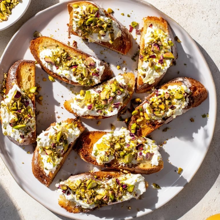 Close-up of creamy goat cheese topping on Festive Pomegranate and Goat Cheese Crostini, garnished with pistachios.