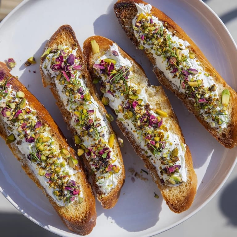 A platter filled with the finished Festive Pomegranate and Goat Cheese Crostini ready to serve at a party.