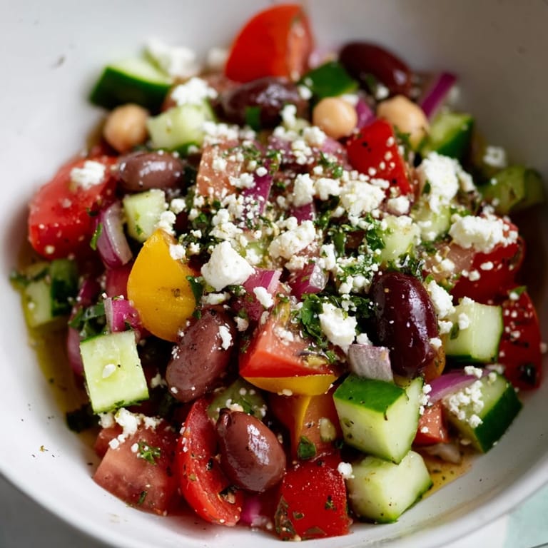 Close-up of Fresh Mediterranean Salad with chickpeas and olives: A delightful, vegetarian meal with vibrant flavors.