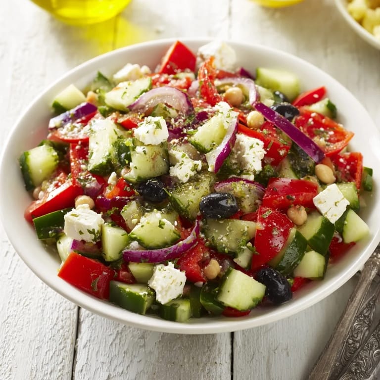 This Fresh Mediterranean Salad with chickpeas and olives shows a vivid mix of ingredients, ready to eat.