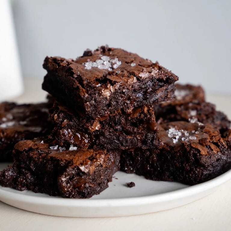 A square of decadent dark chocolate and sea salt brownies, perfect for a rich dessert experience.