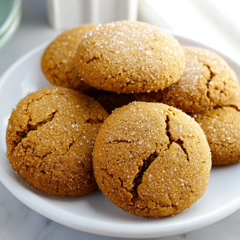 Close-up of freshly baked Soft-Baked Ginger and Molasses Cookies, speckled with granulated sugar, deliciously spiced.