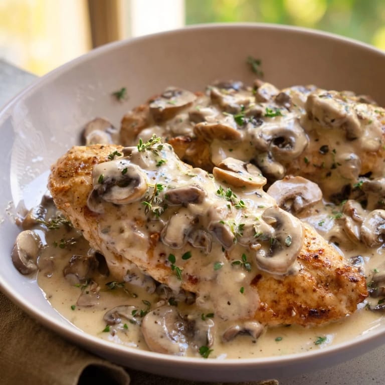 Savor the aroma of a delicious Skillet-Seared Chicken Breast, swimming in a rich mushroom cream sauce.
