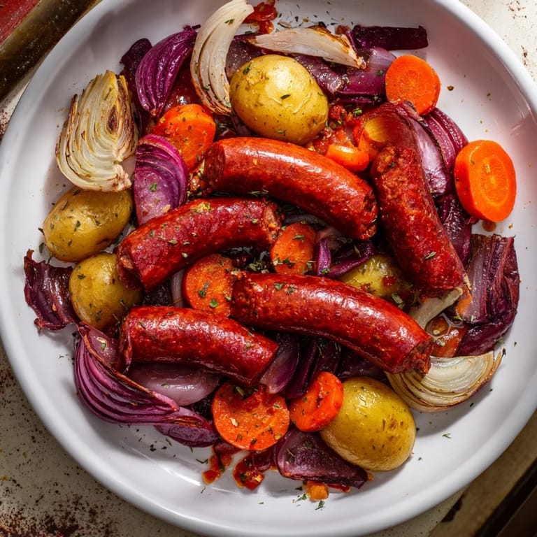 Smoky sausage pieces and vibrant vegetables fill this All-in-One Pan Sausage and Cabbage dish, ready to enjoy.
