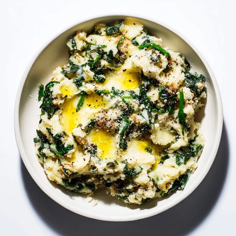 Fluffy Creamy Spinach and Parmesan Mashed Potatoes, garnished with Parmesan, perfect for a cozy dinner at home.