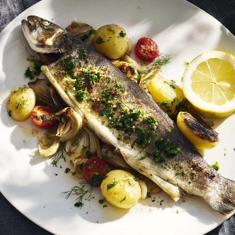 Close-up of a sizzling one-tray baked trout, baked with tomatoes and lemon slices.