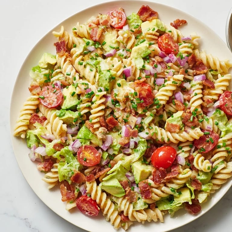 This BLT Pasta Salad showcases crisp lettuce and bacon bits, mixed with perfectly cooked pasta.