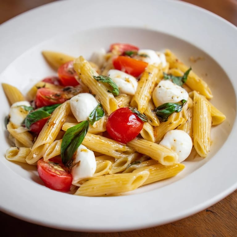 Vibrant Caprese Pasta Salad, perfect for a summer lunch, ready with perfectly cooked pasta.
