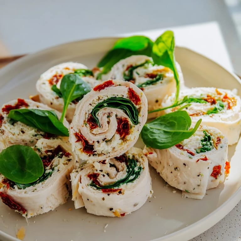Creamy cheese and vibrant sun-dried tomatoes inside tasty turkey roll-ups, perfect for Italian-style snacking.