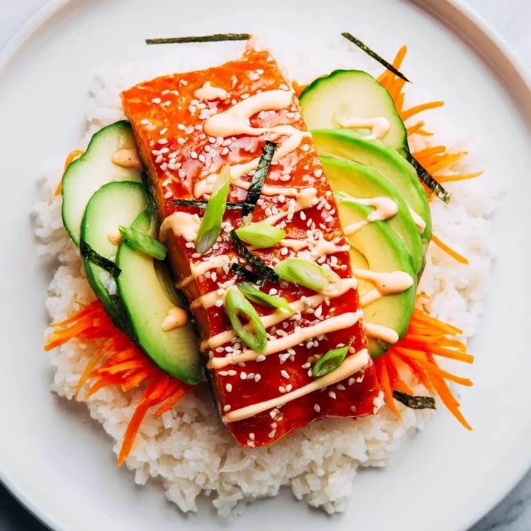 Flaky teriyaki-glazed salmon tops a bed of rice, alongside fresh veggies, in this vibrant rice bowl.