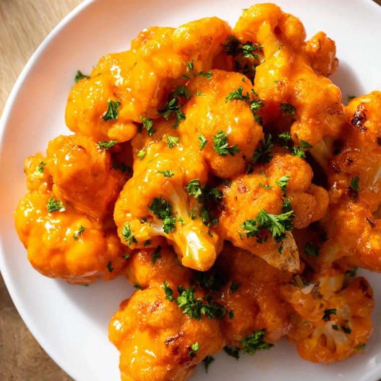 Spicy and savory, these Buffalo Cauliflower Bites are coated in vibrant buffalo sauce, steaming hot.
