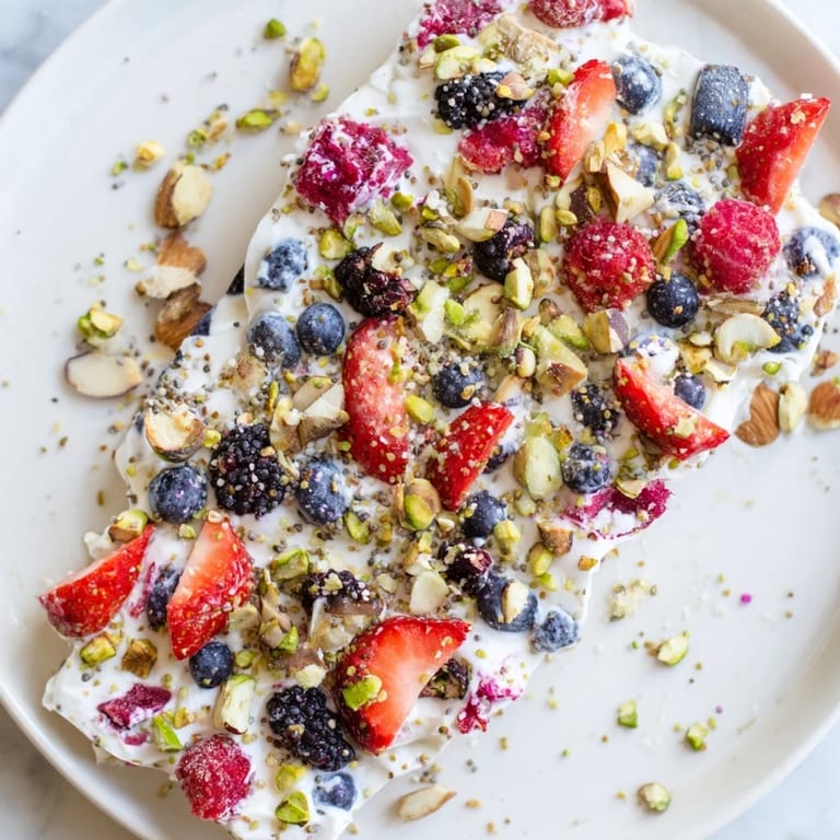 Cool, refreshing frozen fruit yogurt bark, perfect for a summer snack or delightful dessert.