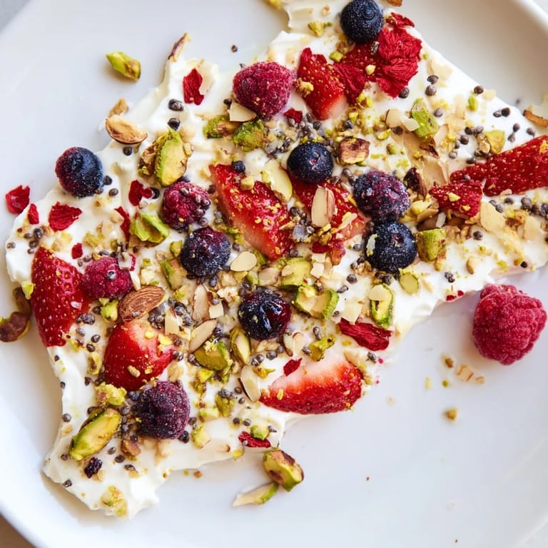 Delicious and healthy frozen fruit yogurt bark, bursting with fresh berries and creamy yogurt.