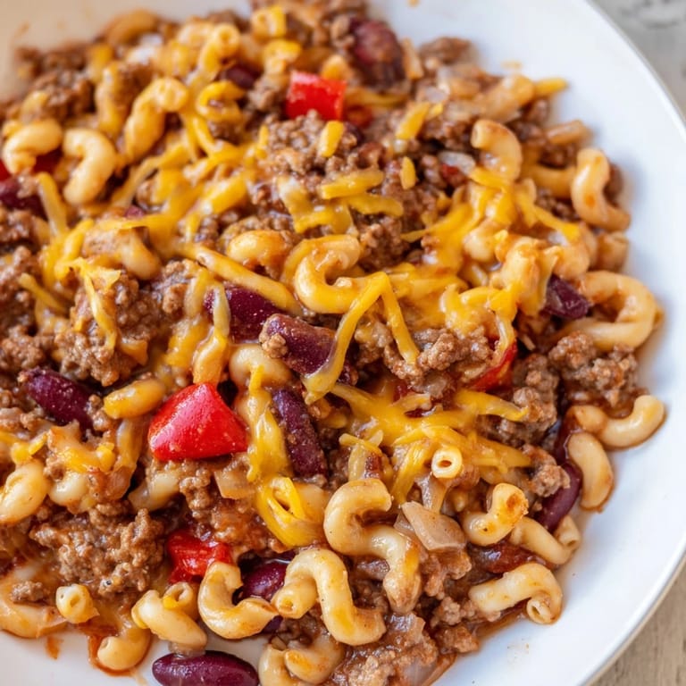 A close-up shot of rich, savory one-pot chili mac, showcasing tender pasta and hearty beef.