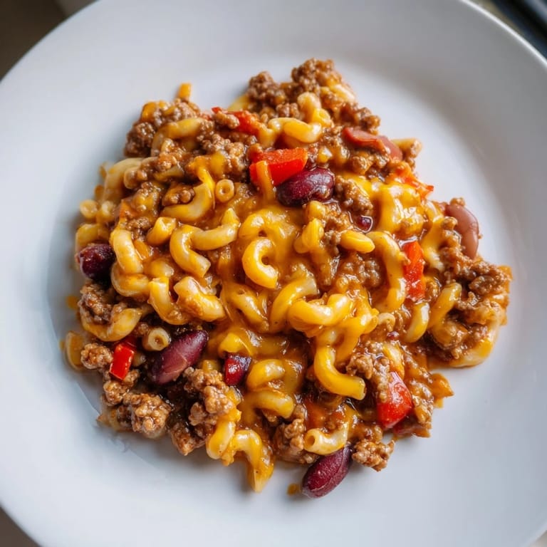 Delicious, homemade one-pot chili mac with visible spices and inviting aroma, perfect for a family meal.