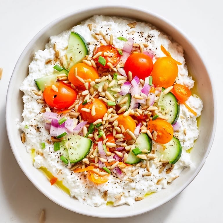 Savory Cottage Cheese Snack Bowl with diced cucumber and tomatoes, drizzled with olive oil and spices.