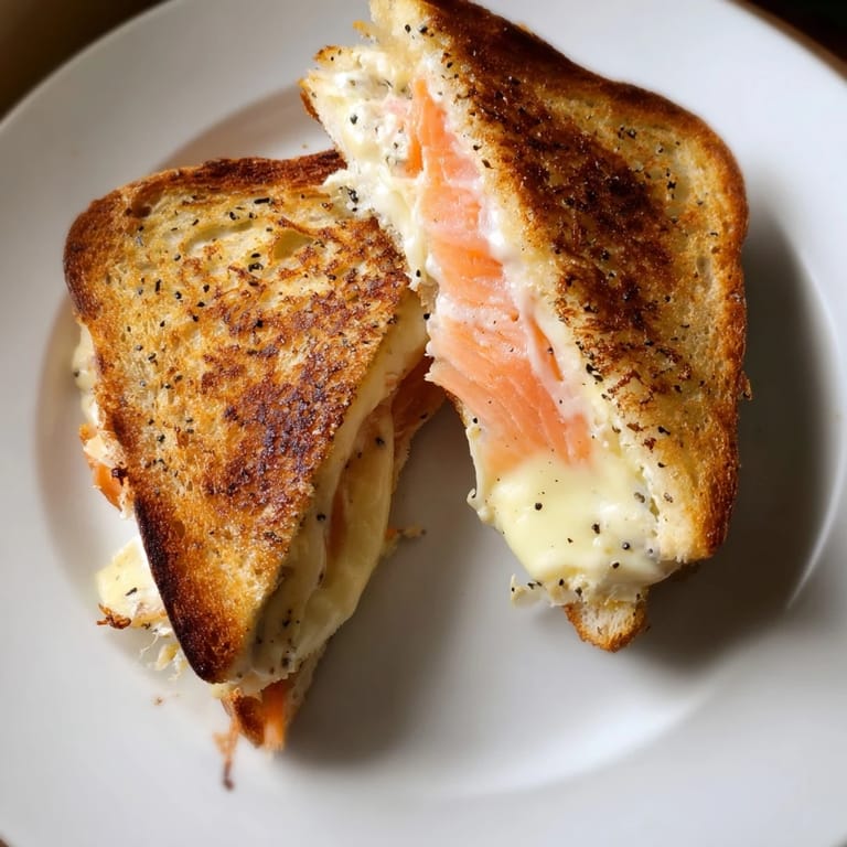 Savor the deliciousness of this warm Smoked Salmon Grilled Cheese; golden crust with a rich, savory filling.